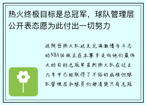 热火终极目标是总冠军，球队管理层公开表态愿为此付出一切努力